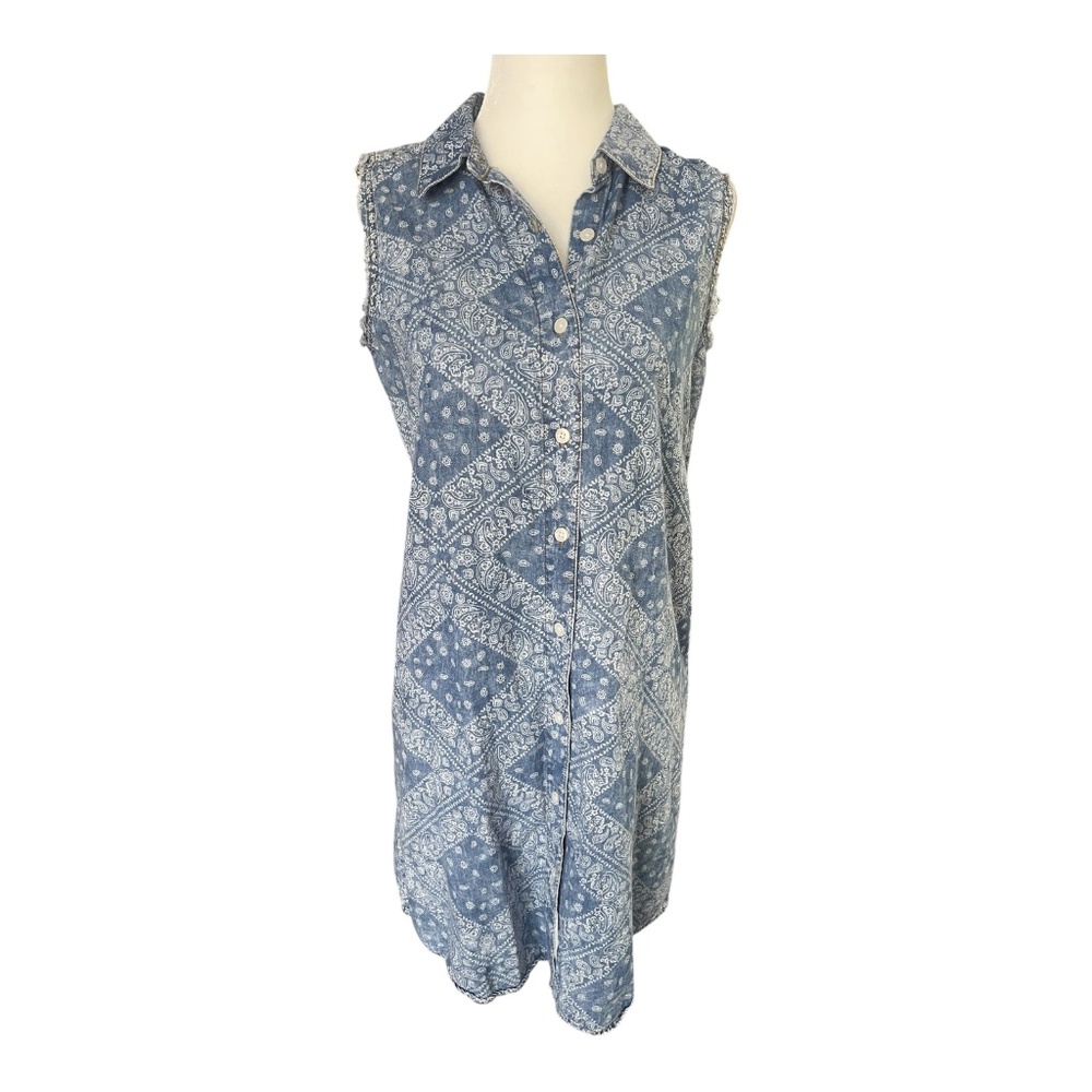 Scully Women’s Sleeveless Western Denim Dress Small Blue Bandana Paisley Button